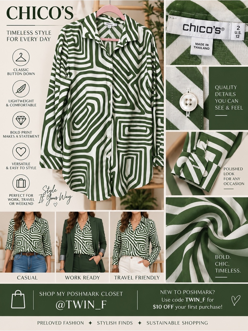 Chico’s Size 2 US 12 Black White Geometric Button Down Shirt Artsy Tunic